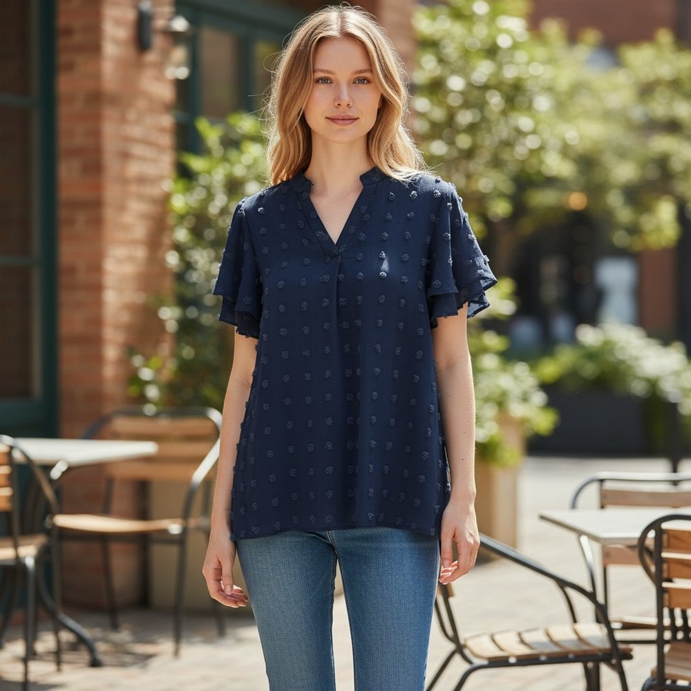 Fantaslook Navy Blue Swiss Dot V-Neck Flutter Sleeve Blouse Top Large NWT